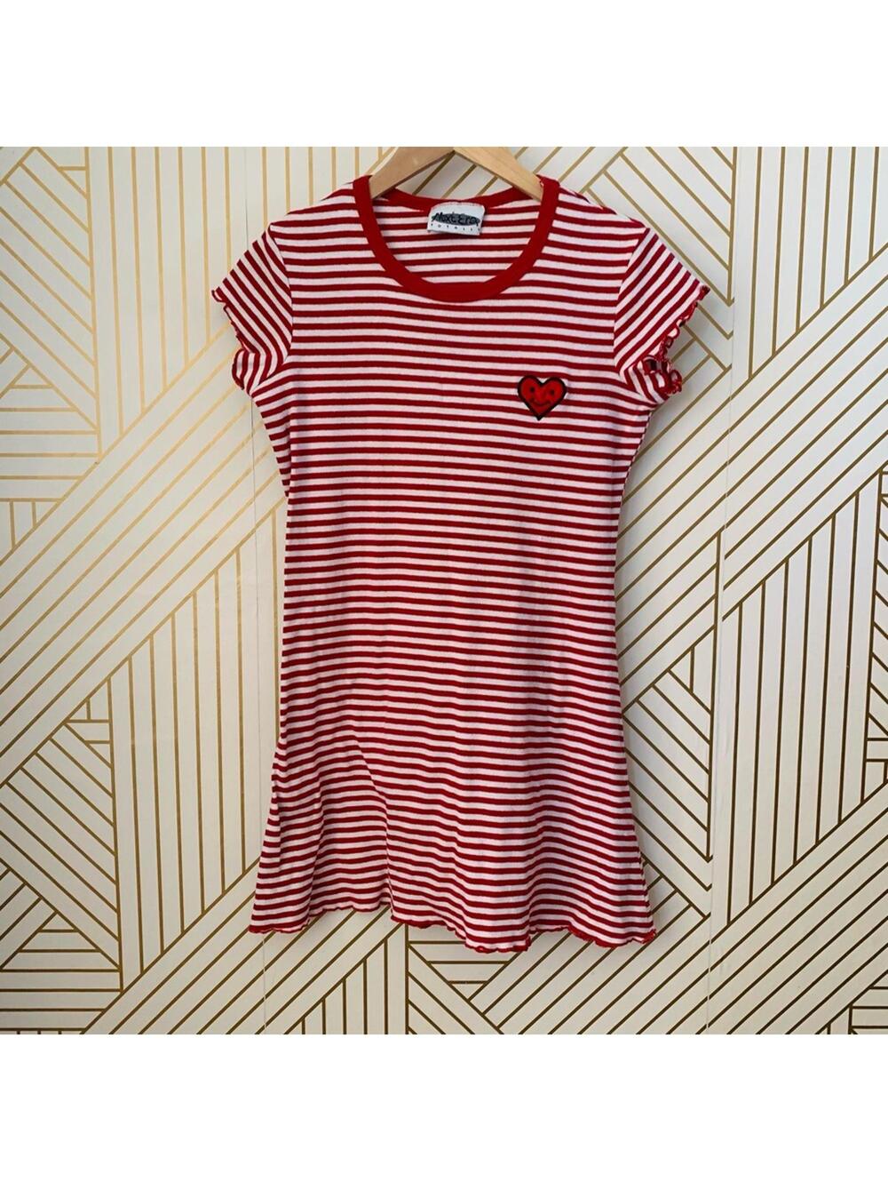 Next Era Cotton Y2K striped lettuce hem Red cap sleeve skater Dress 90s 2000s